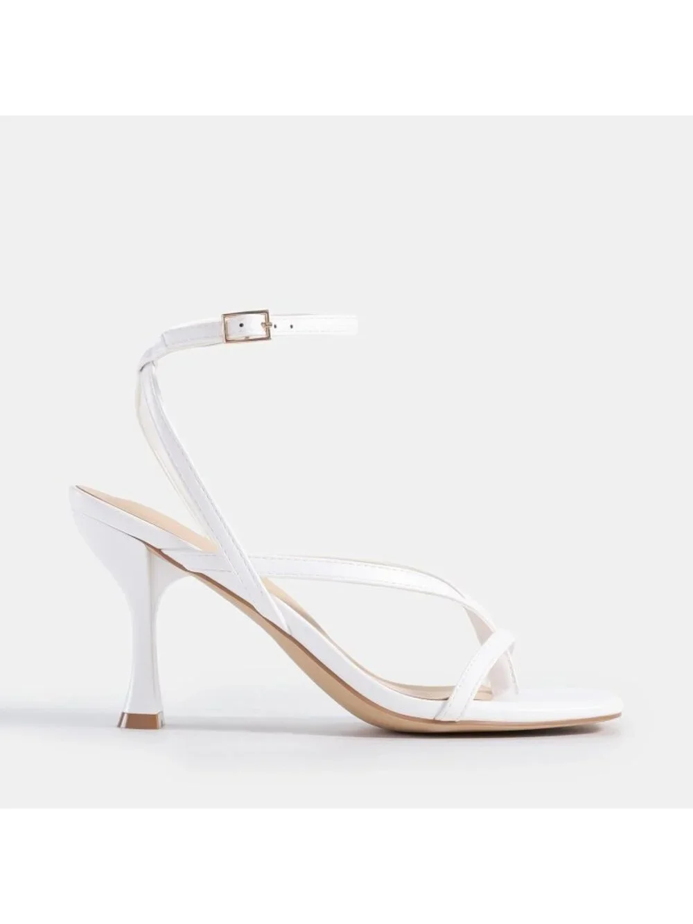 Women's White Faux Leather Square Open Toe Flip Flop Ankle Strap High Heels